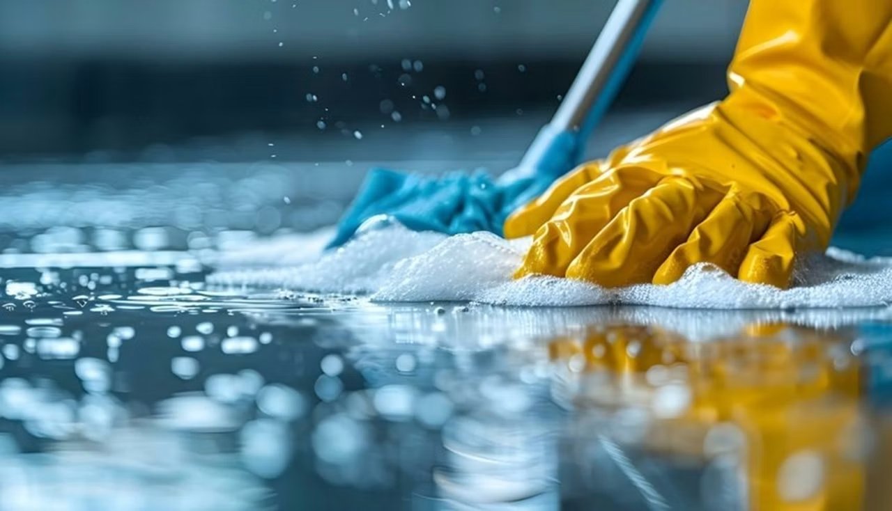 Scrubbing and mopping a hard floor surface
